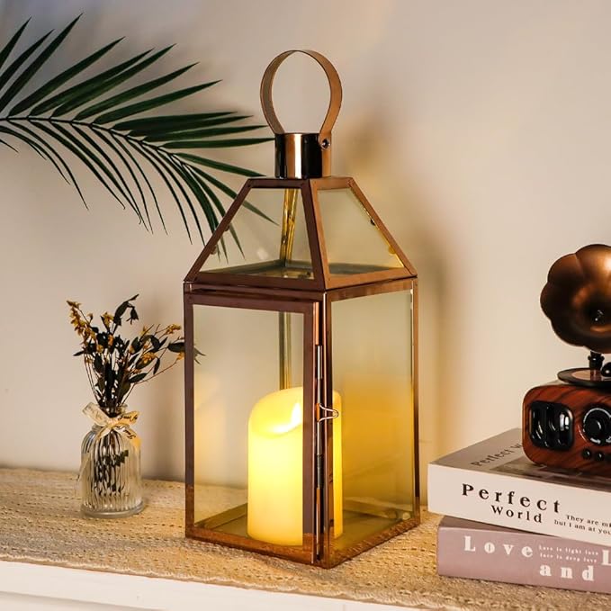 Rose Gold Stainless Steel Candle Lantern with Tempered Glass