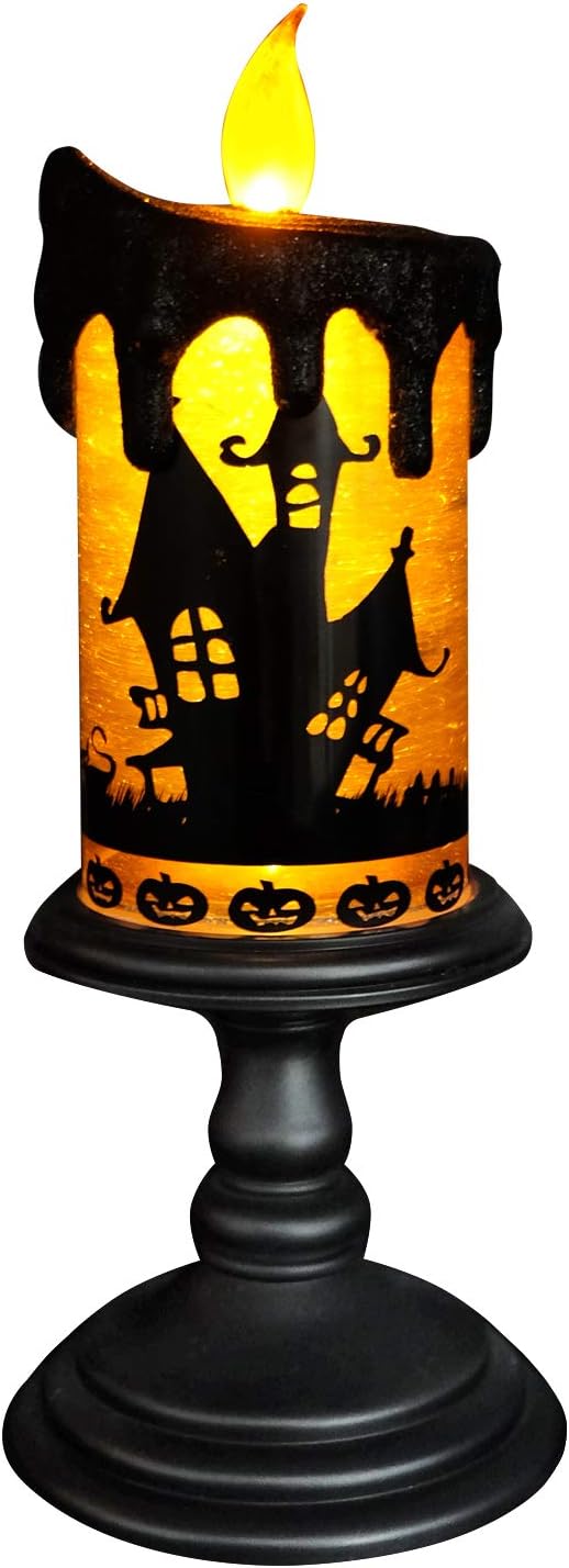 Battery Operated Spooky Spinning Flameless Candle - Black/Orange
