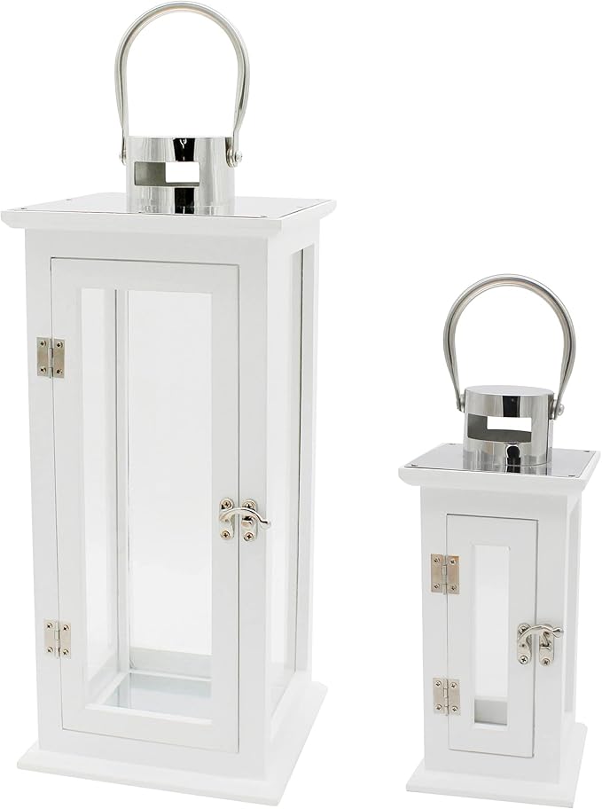 Set of 2 Wood Hurricane Candle Lanterns in White
