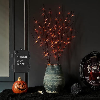 Orange LED Black Twig Branches with Fairy Lights for Halloween - Indoor/Outdoor