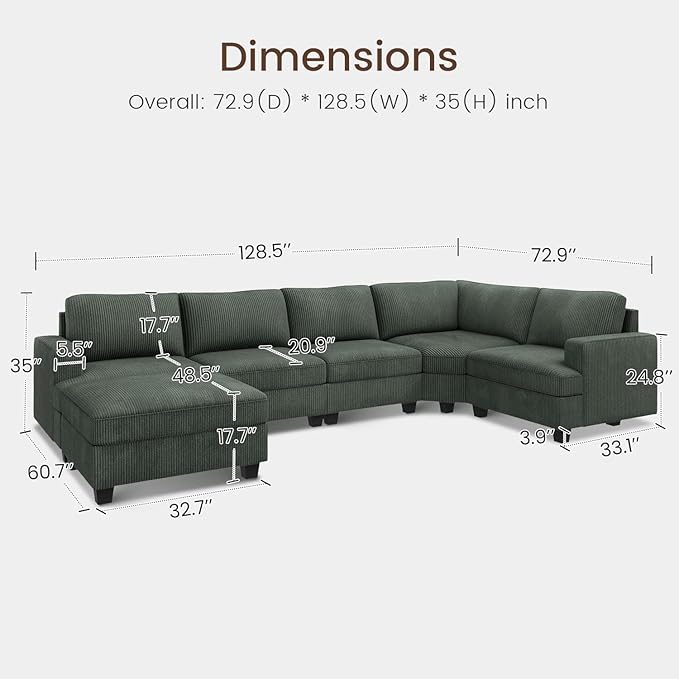Nolany Sectional Sofa with Storage Ottoman in Green Corduroy