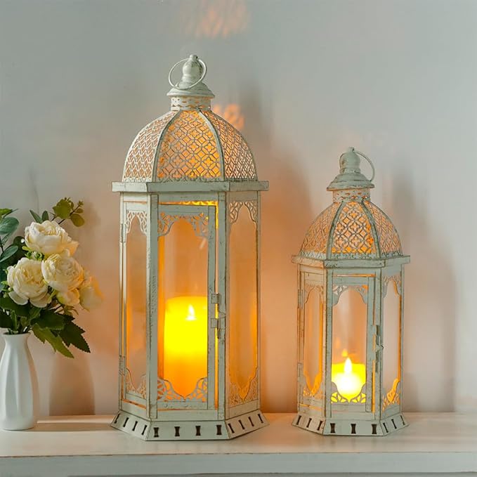 Set of 2 Vintage Metal Candle Lanterns - Antique White