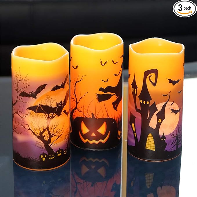 Set of 3 Flameless Flickering Halloween Candles - Battery Operated with Timer, Orange