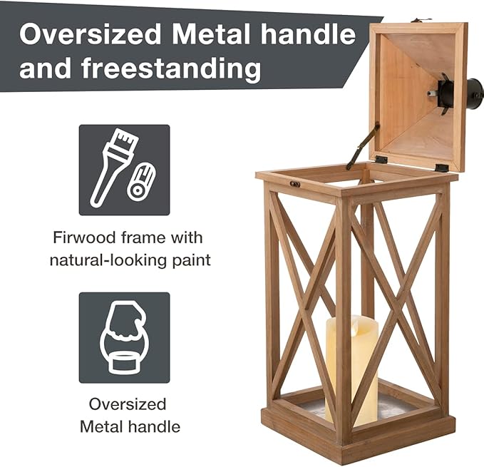 Set of 2 Modern Farmhouse Wood and Metal Lanterns - Natural (No Glass)