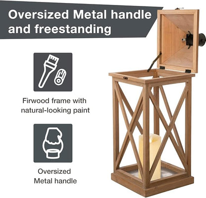Set of 2 Modern Farmhouse Wood and Metal Lanterns - Natural (No Glass)