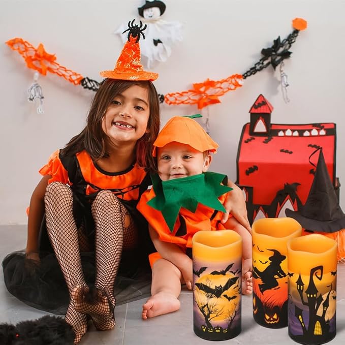 Set of 3 Flameless Flickering Halloween Candles - Battery Operated with Timer, Orange