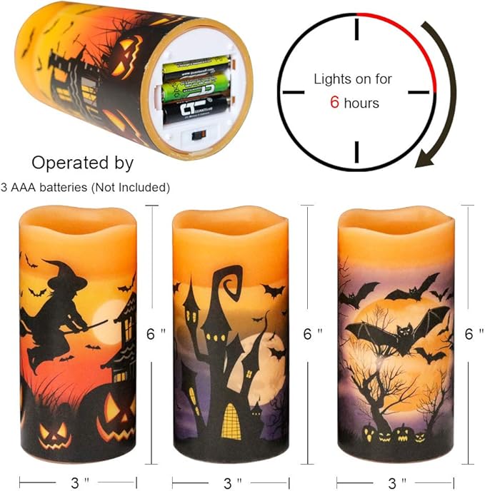 Set of 3 Flameless Flickering Halloween Candles - Battery Operated with Timer, Orange