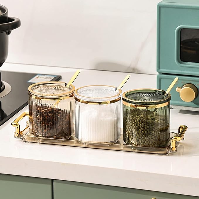 Acrylic Condiment Spice Jars with Lids, Spoons, Tray - Clear