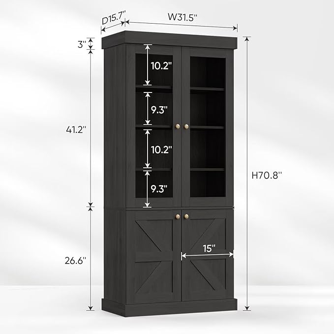 Farmhouse Bookcase with Glass Doors, Set of 3 – Black