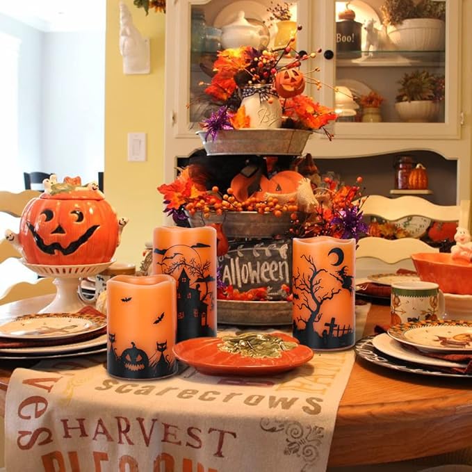 Flickering Flameless LED Candles with Timer - Set of 3, Halloween Scenes