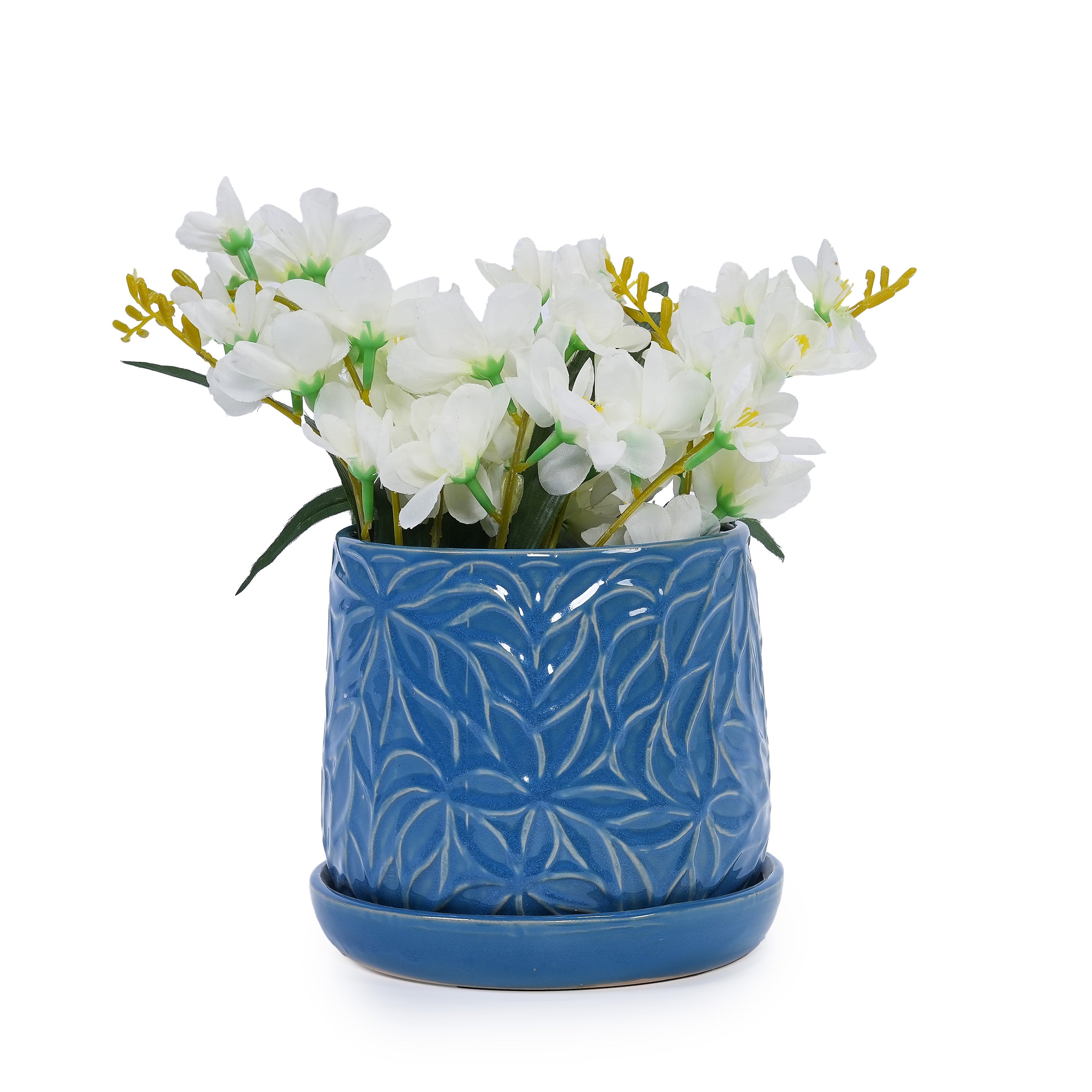 Set of 2 Embossed Ceramic Flowerpots - Blue