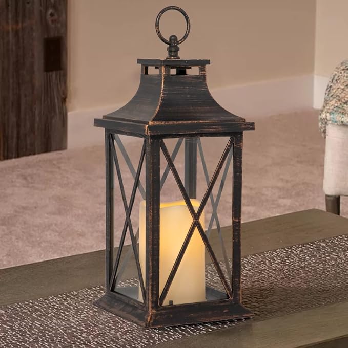 Set of 2 Antique Brushed Copper Lanterns with LED Flameless Candles