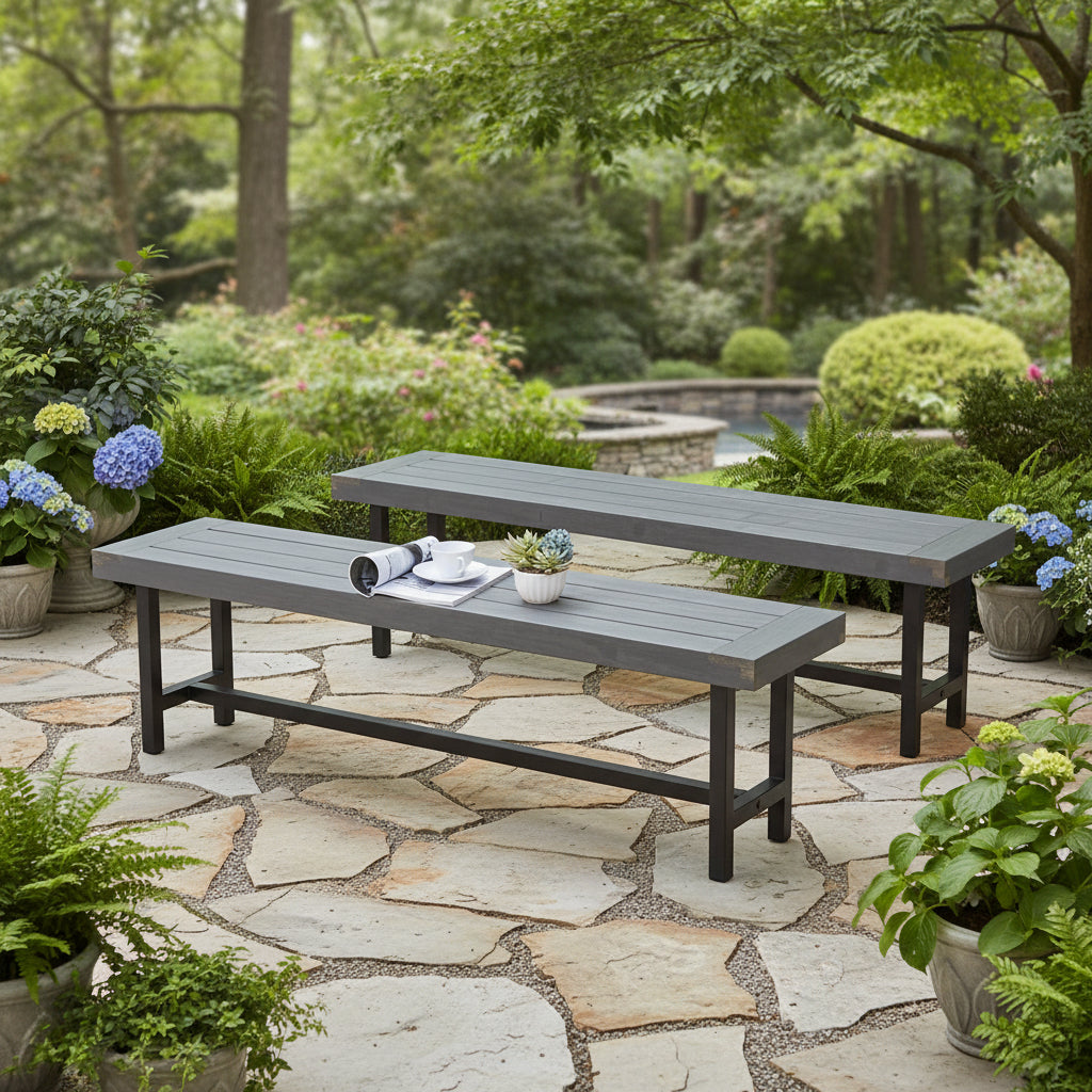 Set of 2 Indoor/Outdoor Benches in Distressed Grey