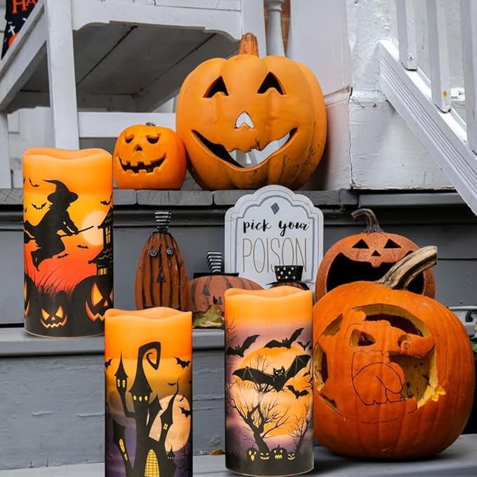Set of 3 Flameless Flickering Halloween Candles - Battery Operated with Timer, Orange