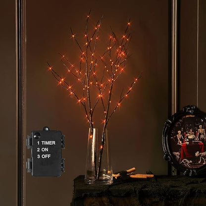 Orange LED Black Twig Branches with Fairy Lights for Halloween - Indoor/Outdoor