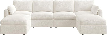Modular Sectional Sofa with Storage Ottoman - Beige Chenille