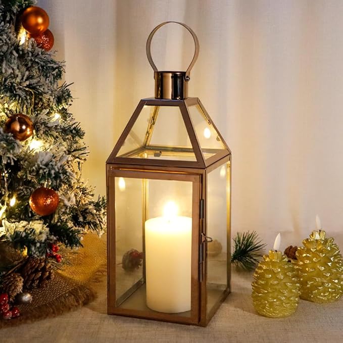Rose Gold Stainless Steel Candle Lantern with Tempered Glass