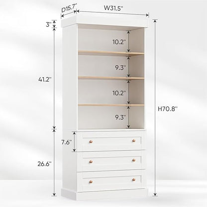 Tall Farmhouse Bookshelves with Drawers, Set of 3 – White