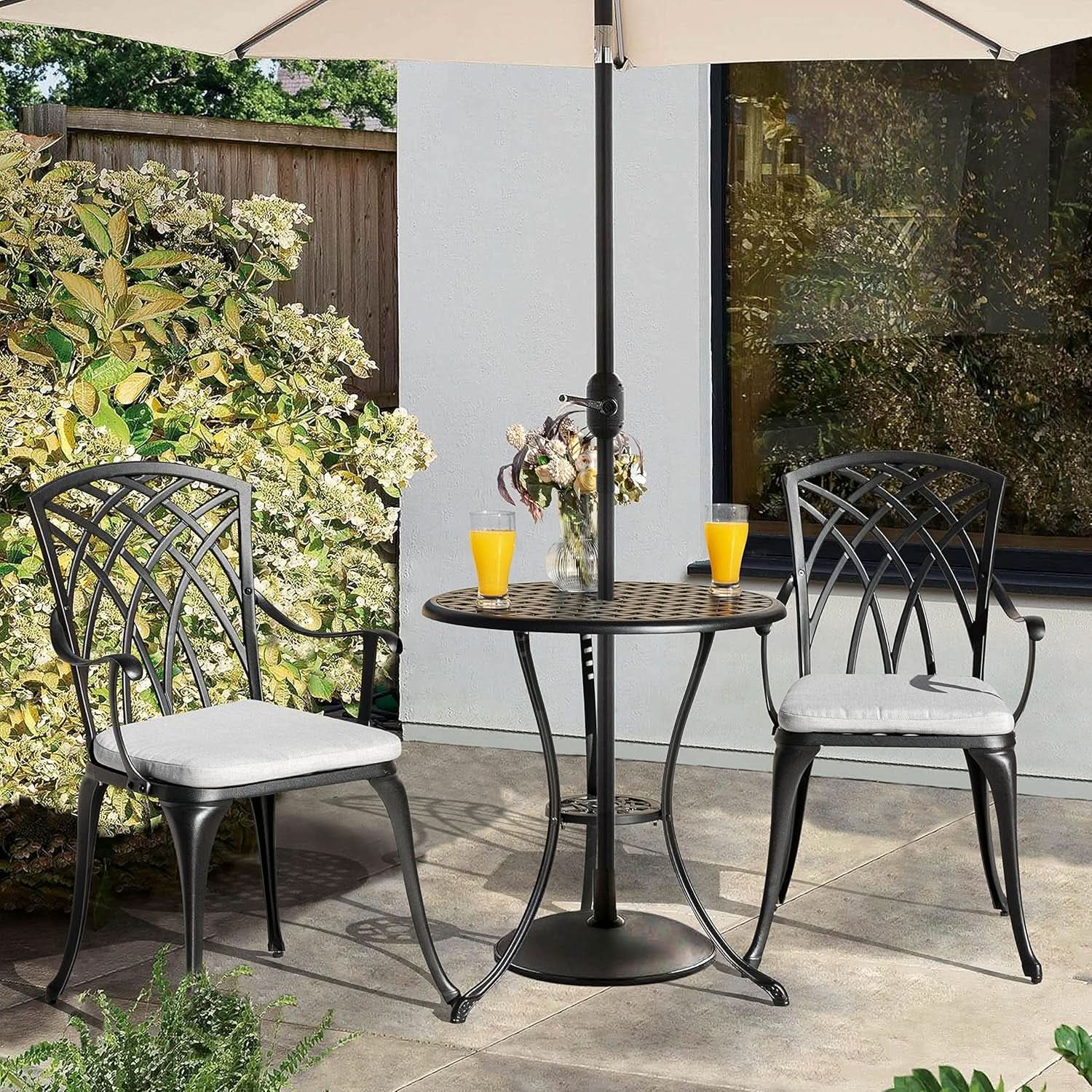 3 Piece Outdoor Cast Aluminum  Bistro Set - Black with Gray Cushions