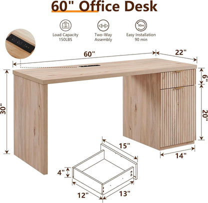 60 Inch Handcrafted Executive Desk With Storage Cabinet in Natural Oak Finish