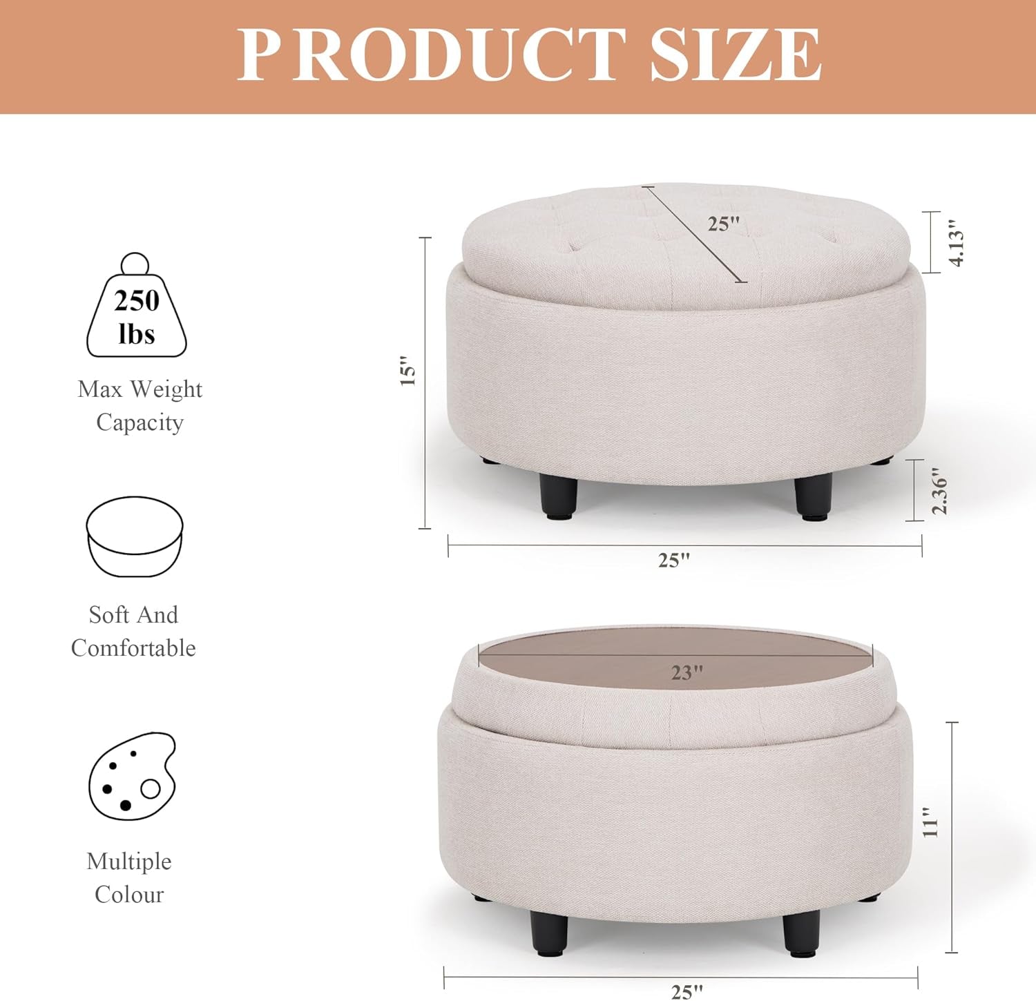 Beige Storage Ottoman With Tray