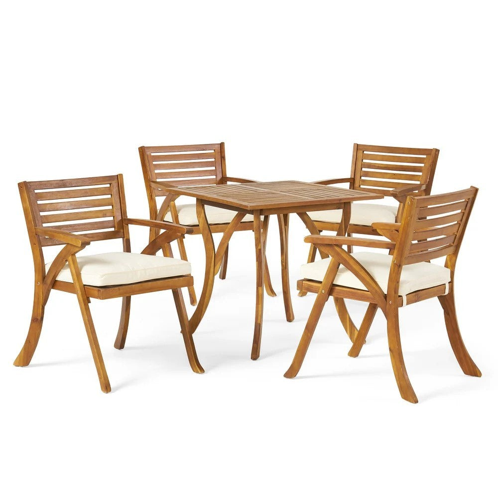 Hermosa 5 Piece Teak Wood Dining Outdoor Dining Set With Beige Cushions