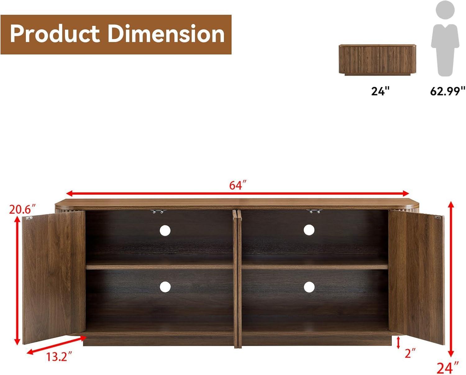 64 Inch Curved Walnut Contemporary Buffet Sideboard