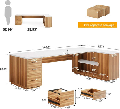 L-Shaped Executive Desk with Storage Cabinet - White Walnut