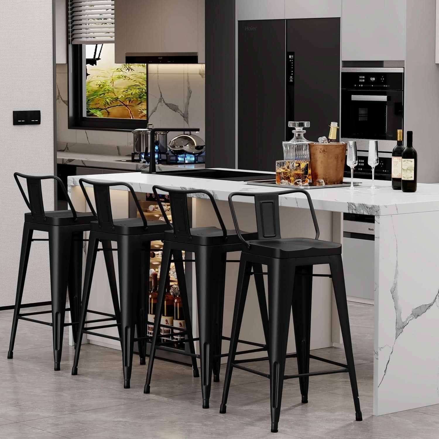 Set of 4 Indoor/Outdoor Black Industrial Metal Bar Stools - Weather Resistant