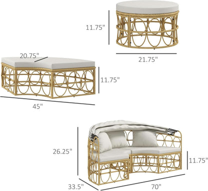 Round Outdoor Daybed Set with Canopy and Cushions - Beige