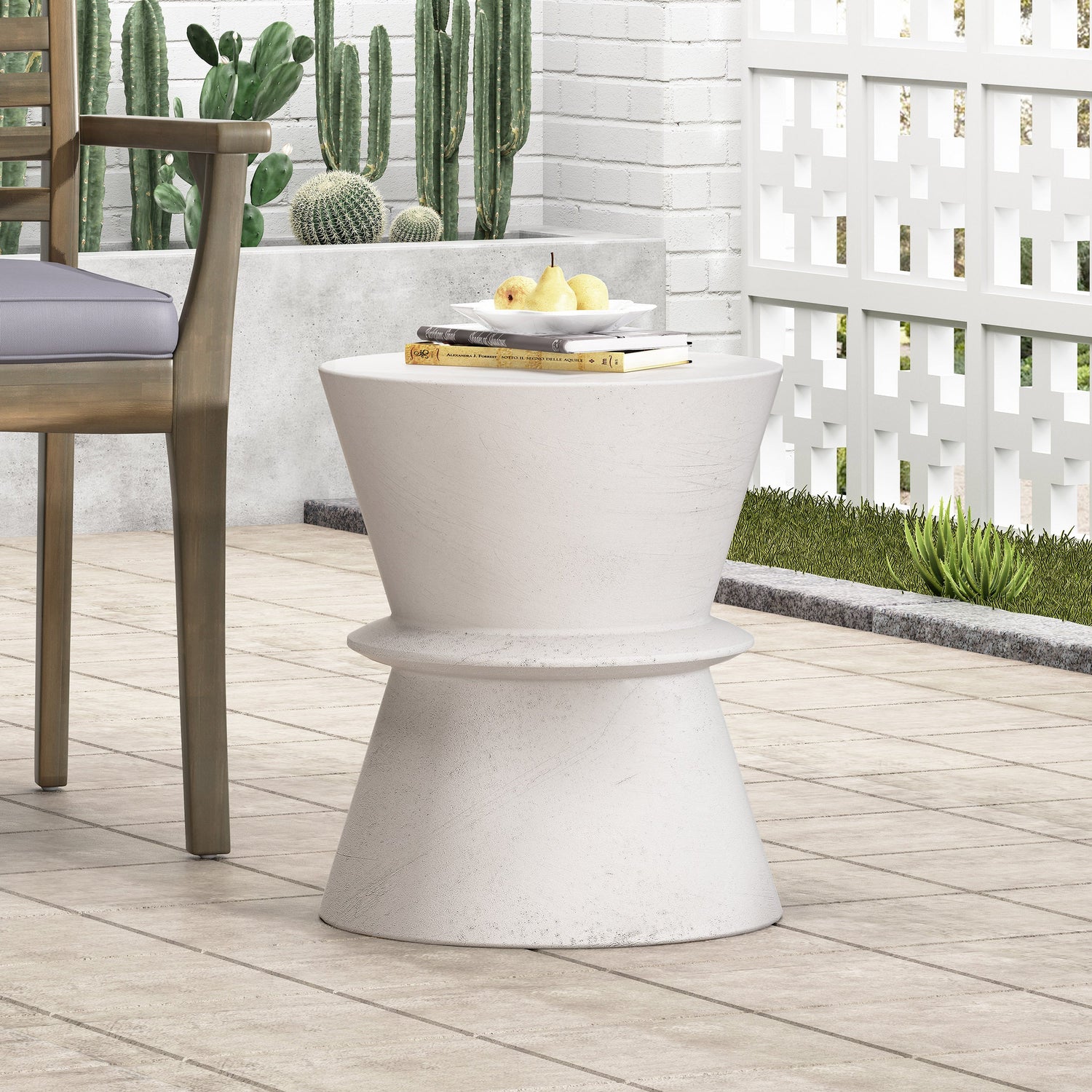 Outdoor Lightweight Concrete Hourglass End Table in Antique White Finish
