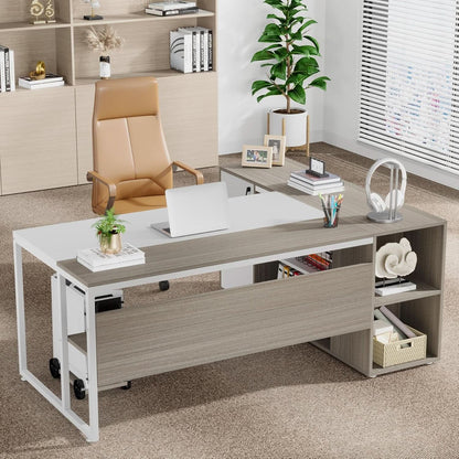 71 Inch L-Shape Executive Desk with Cabinets - 2 Tone Gray/White