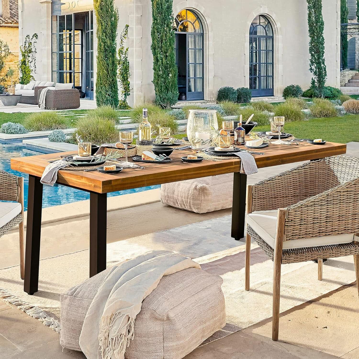 Acacia Wood indoor/Outdoor Dining Table For 6 With Iron Legs