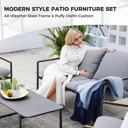 4 Piece Outdoor Slingback Furniture Set With Modern Metal Frames and Gray Cushions