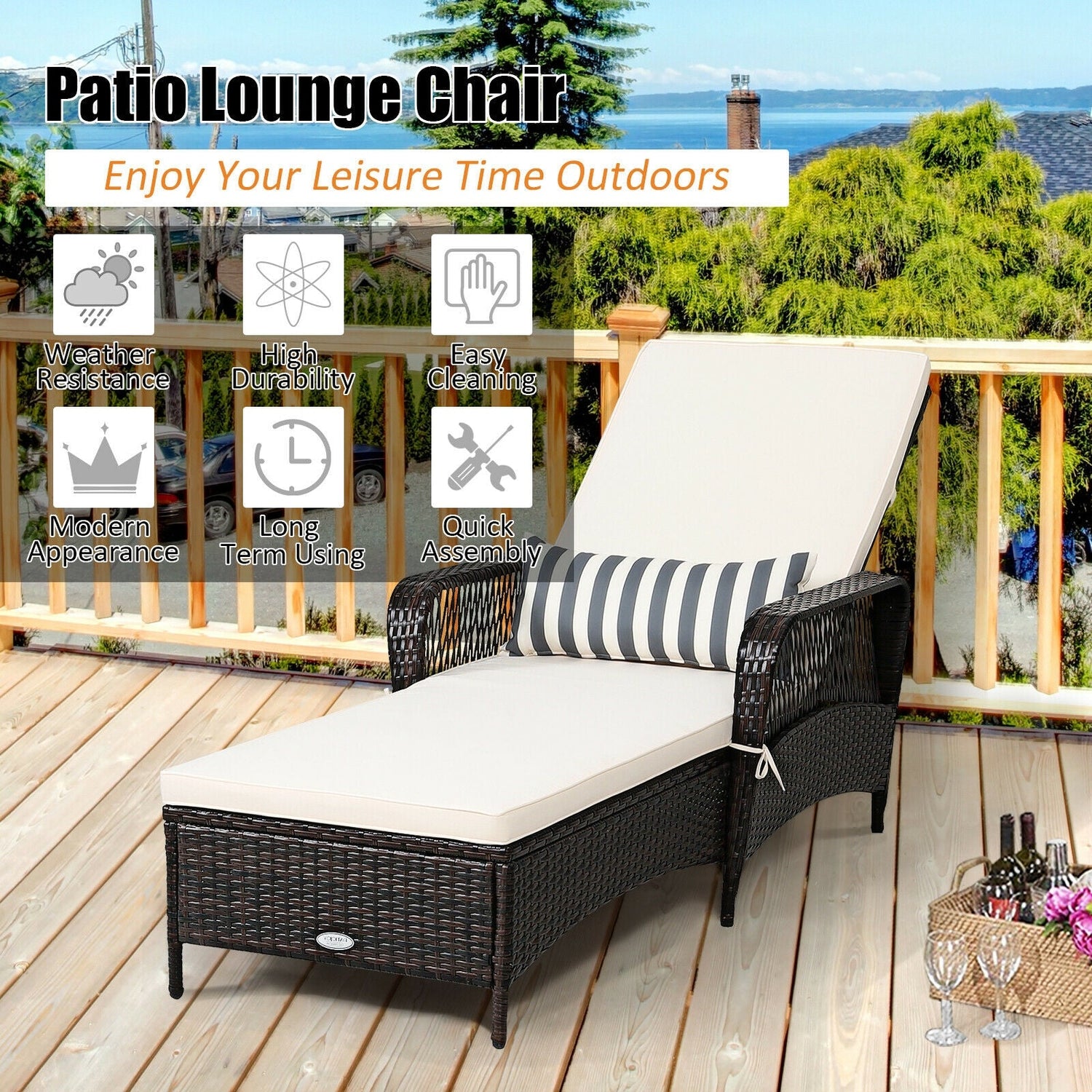 Outdoor Wicker Chaise Loung with Adjustable Backrest and Pillow