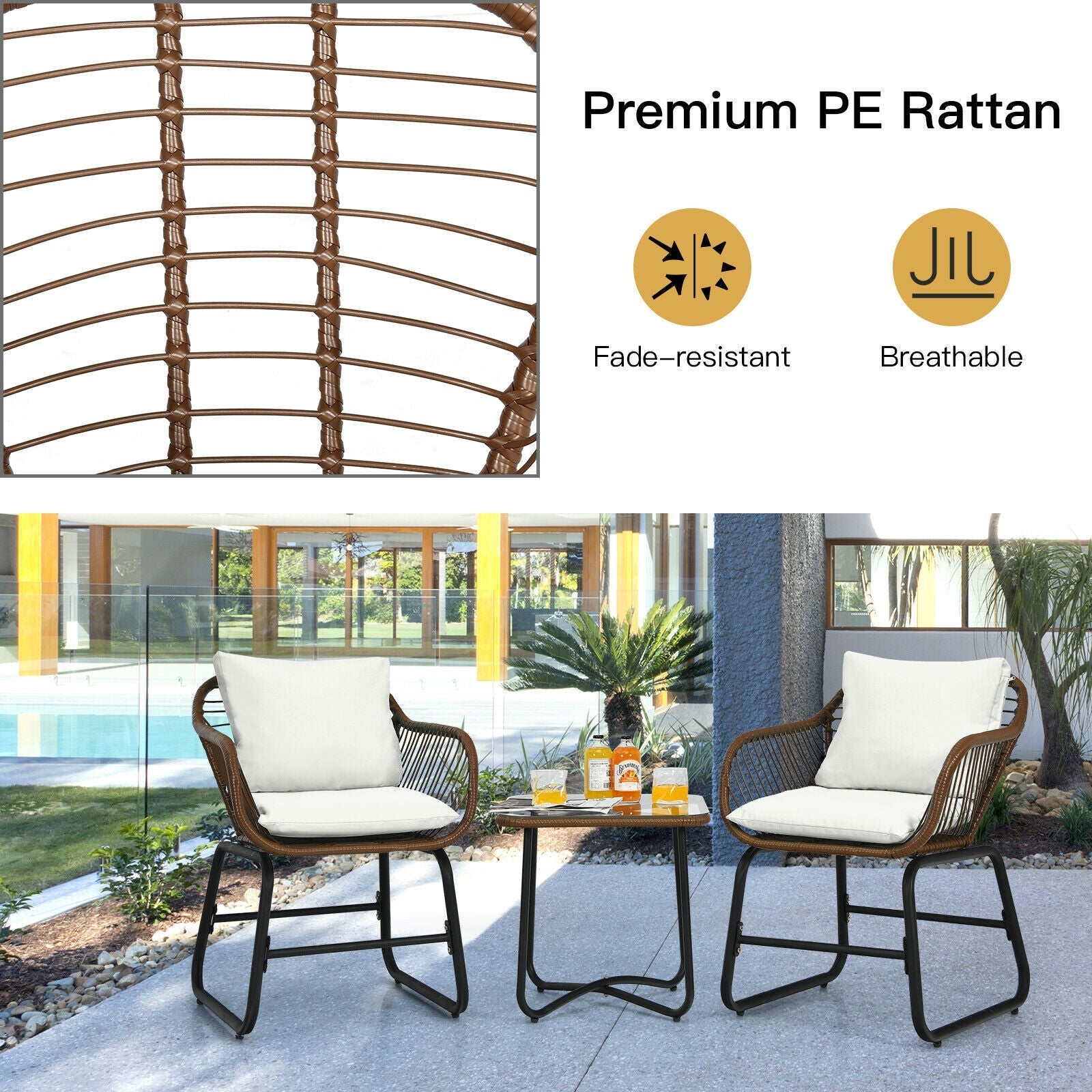 3 Pc Rattan Bistro Set with White Cushions