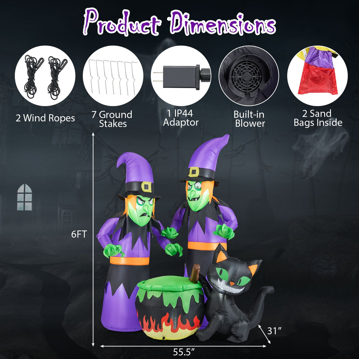 6 Ft Inflatable Halloween Witches with Cauldron &amp; Black Cat