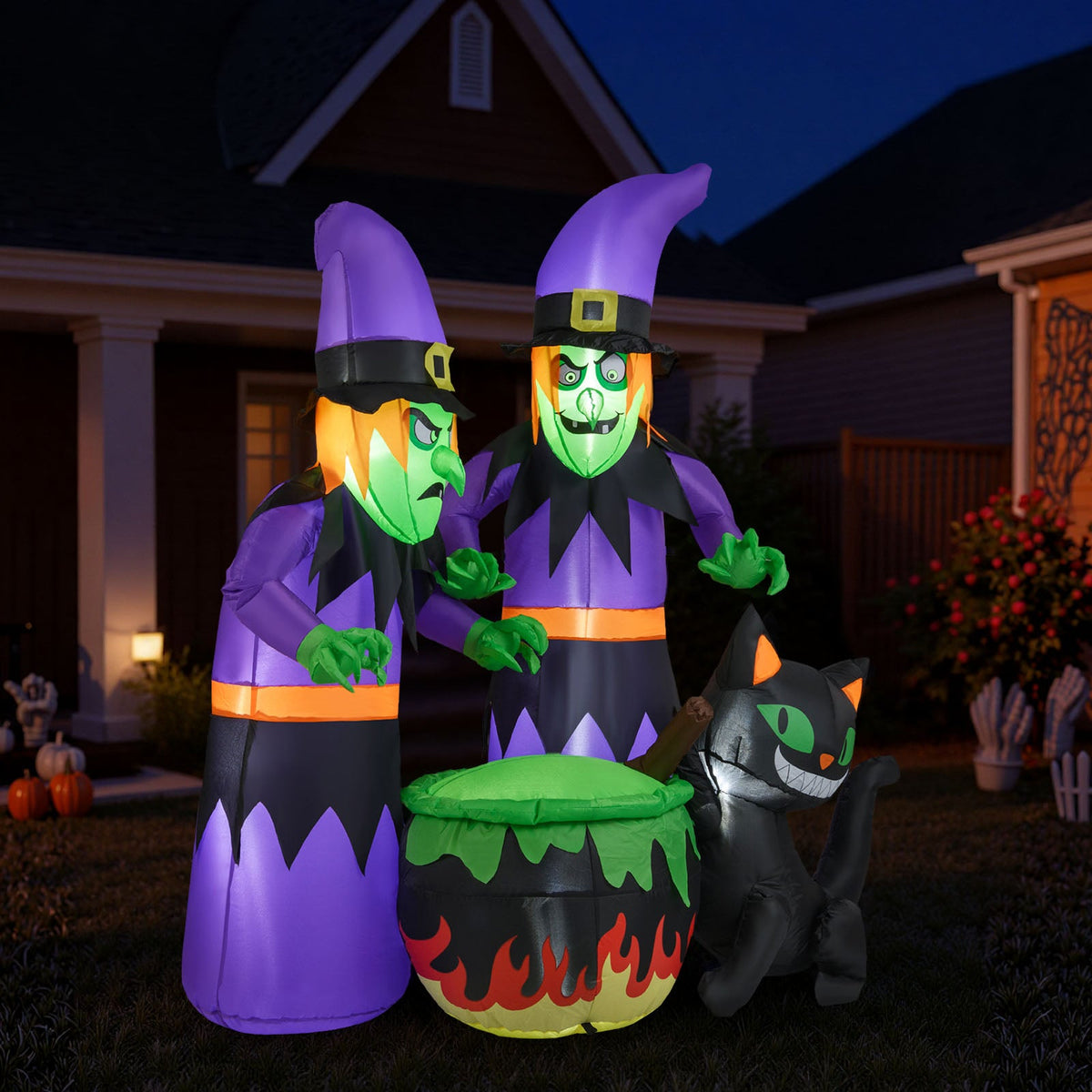 6 Ft Inflatable Halloween Witches with Cauldron &amp; Black Cat