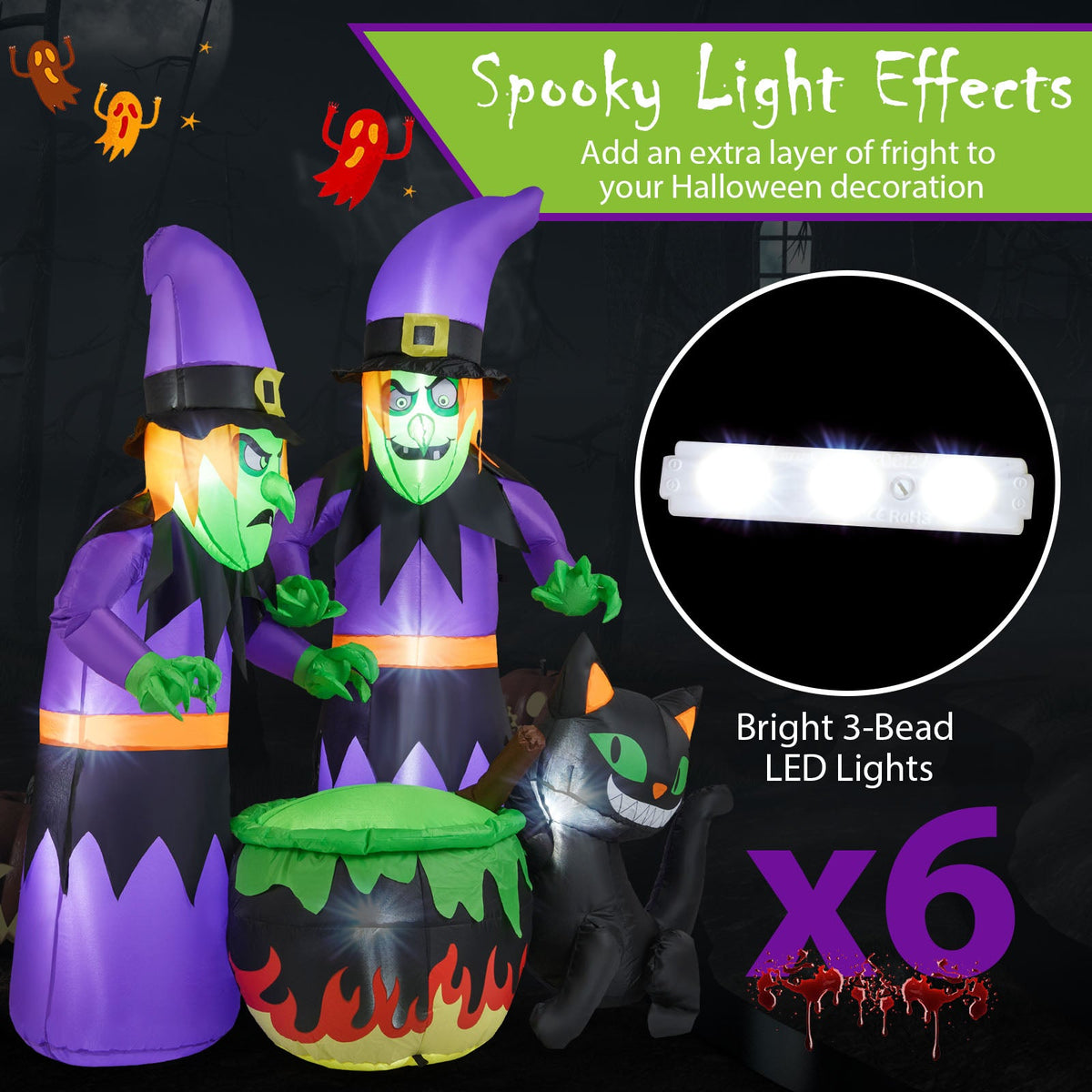 6 Ft Inflatable Halloween Witches with Cauldron &amp; Black Cat