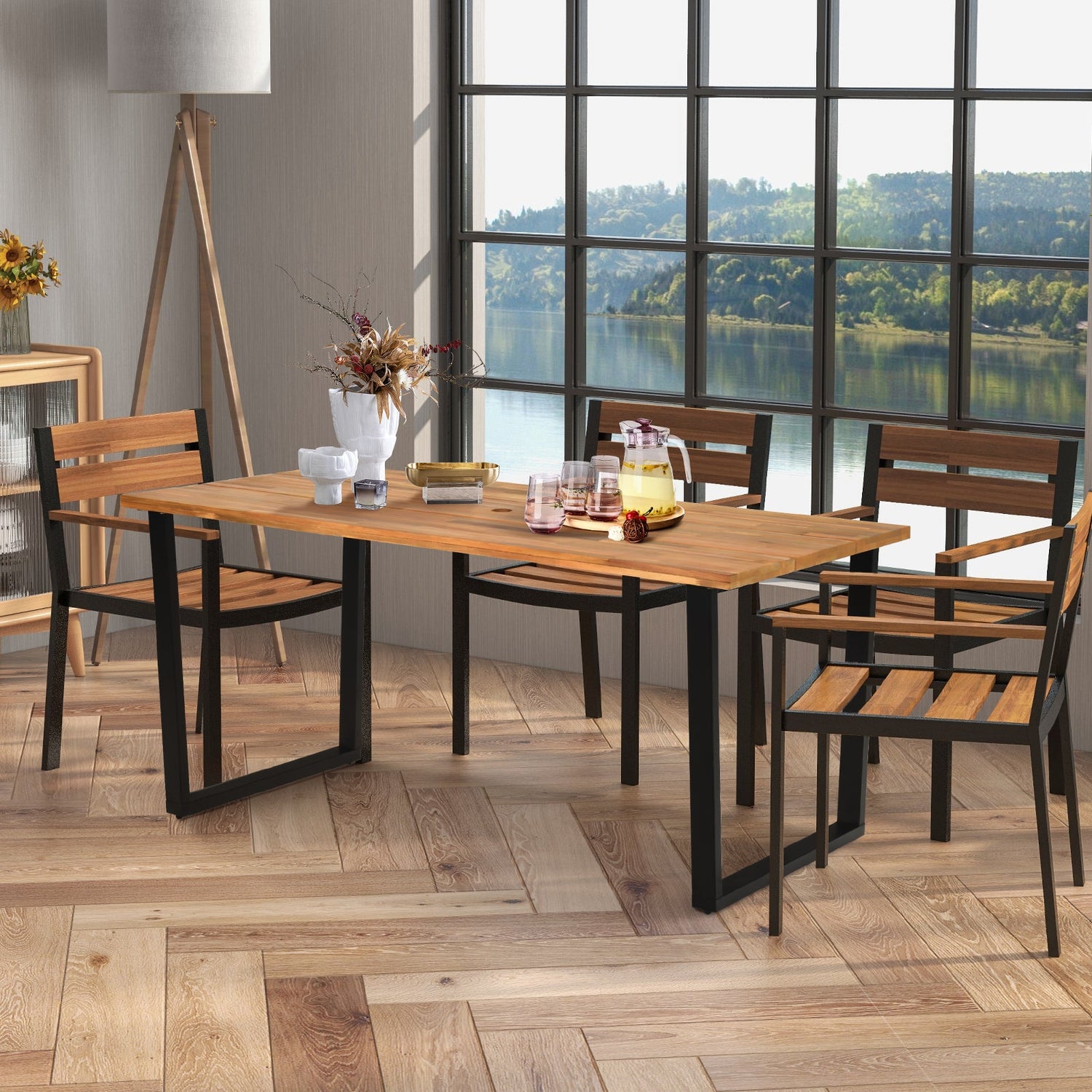 69" Acacia Wood Outdoor Dining Table with 2 Inch Umbrella Hole