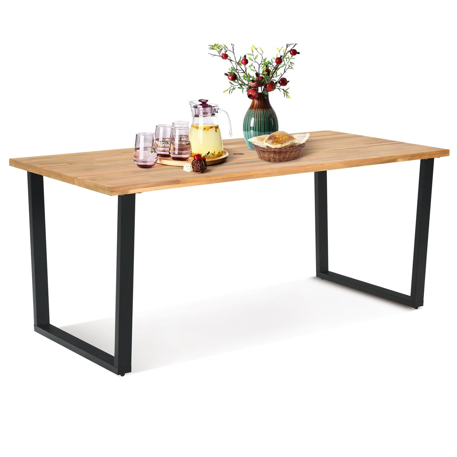 69" Acacia Wood Outdoor Dining Table with 2 Inch Umbrella Hole
