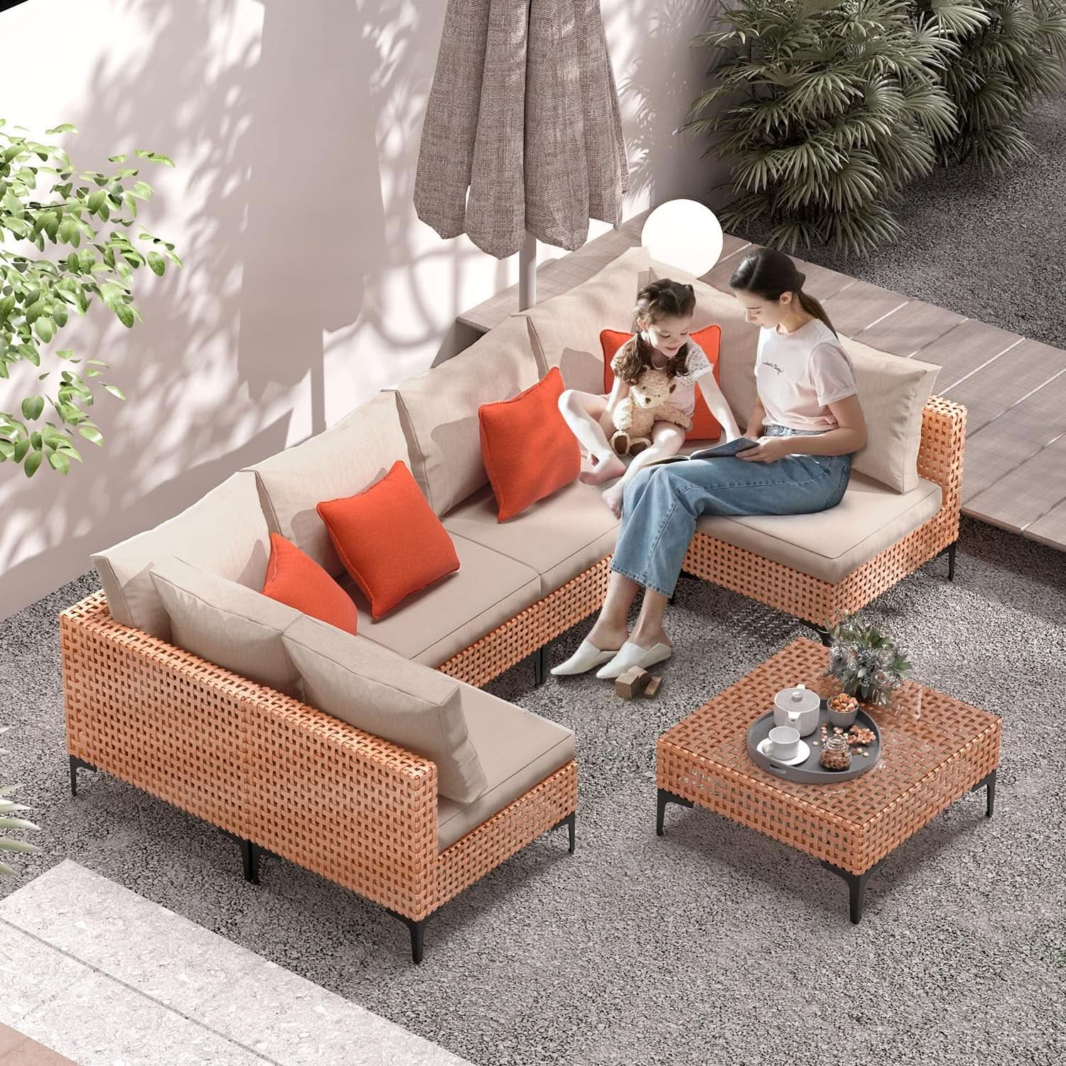 5 Piece Outdoor Modular Sectional Set - Salmon Wicker with Beige Cushions