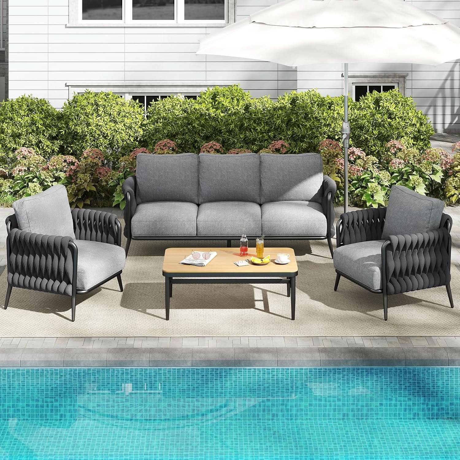 Modern Outdoor Patio Furniture Set with Waterproof Cushions - Black/Gray