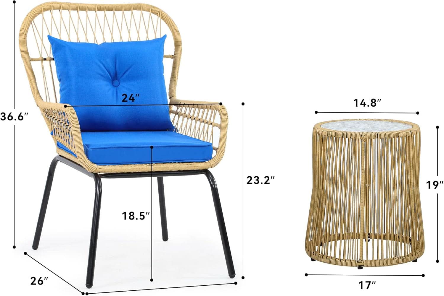 3 Piece Outdoor Wicker Patio Bistro Set - Blue