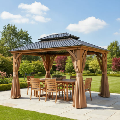 11x13 Wood Gazebo With Durable Galvanized Steel Roof And Curtains