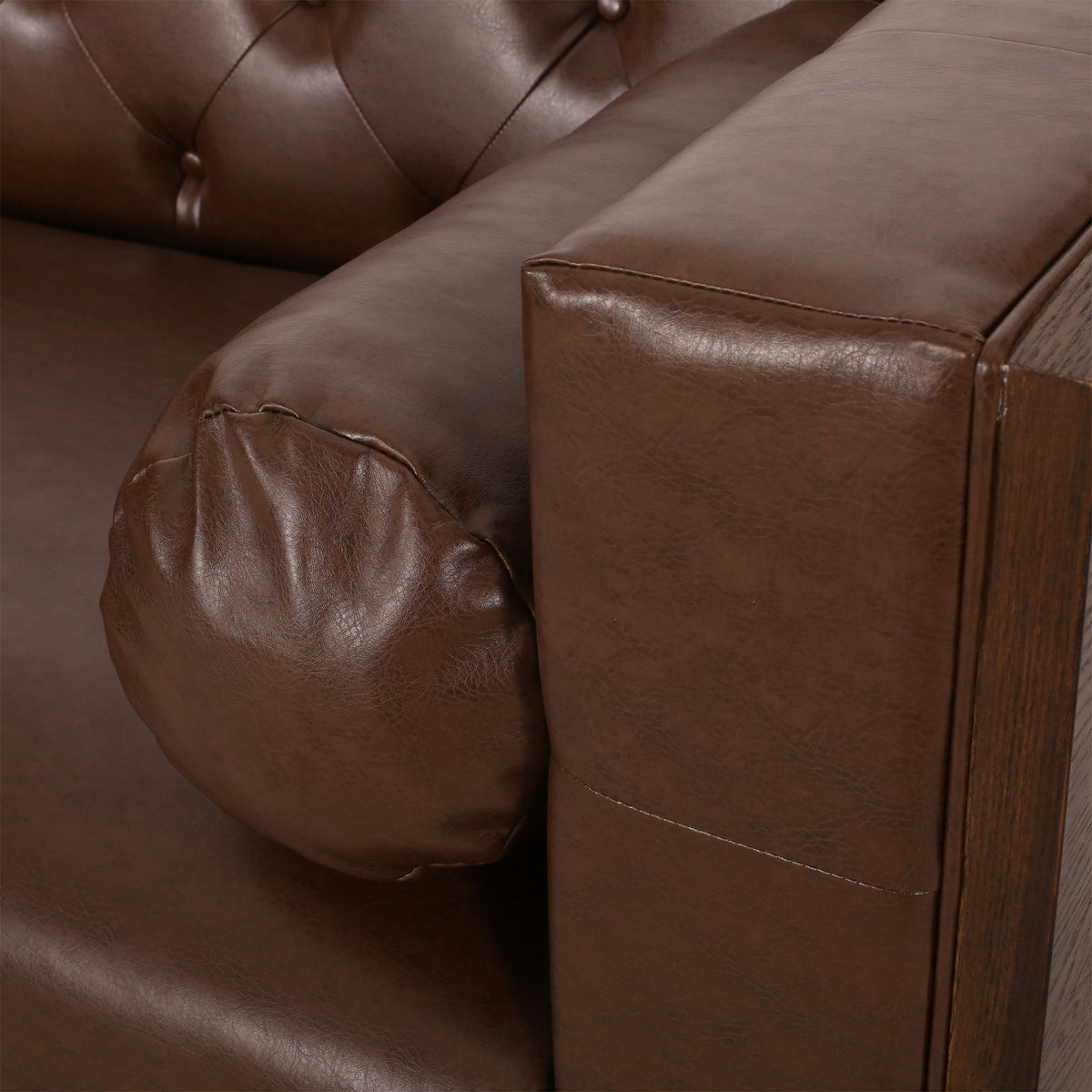 Contemporary 3-Seater Sofa with Tufted Diamond Stitch and Rolled Accent Pillows in Dark Brown Faux Leather