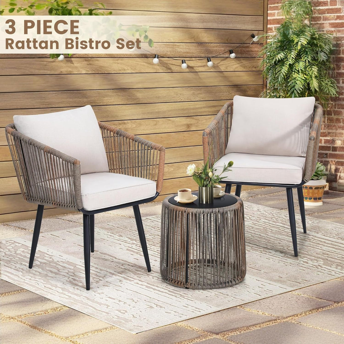 Beige 3 Piece Rattan Bistro Conversation Set