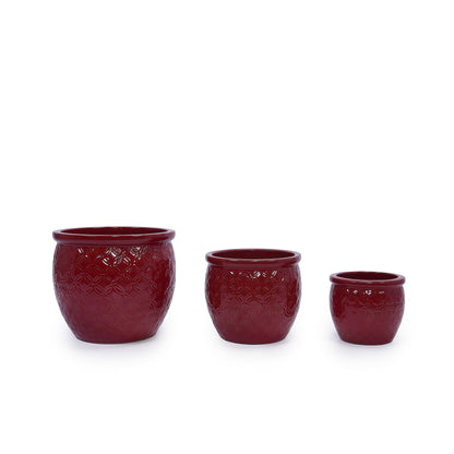 Set of 3 Ceramic Flowerpots - Red