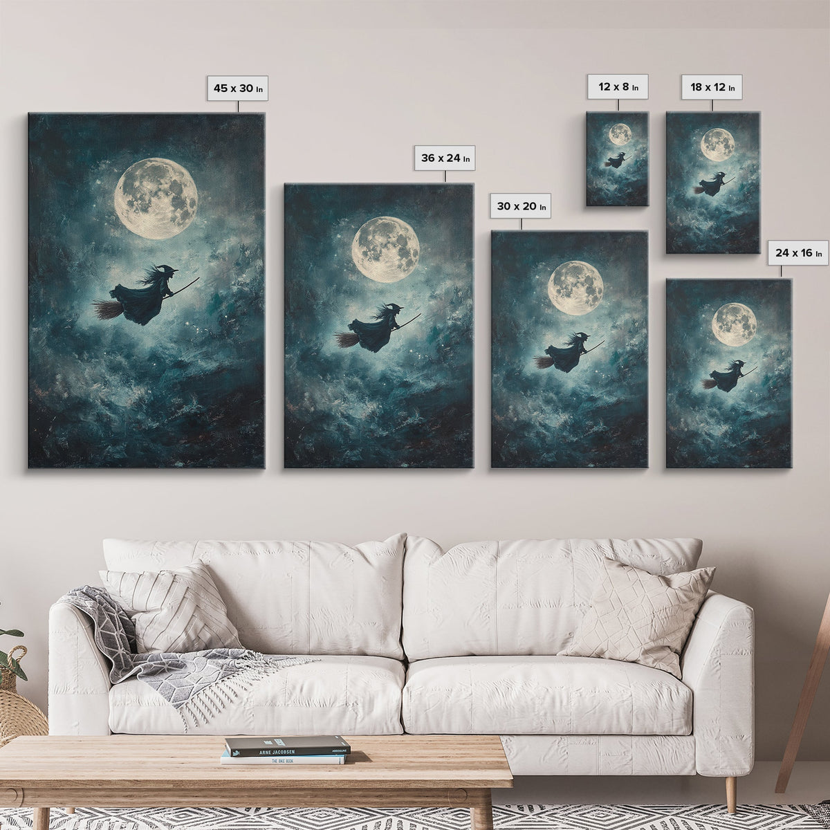 Witch Riding Under a Full Moon - Framed Canvas Print