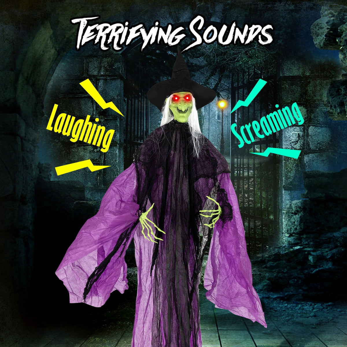 7.2 ft Witch with Lighted Eyes and Automatic Arm Movement